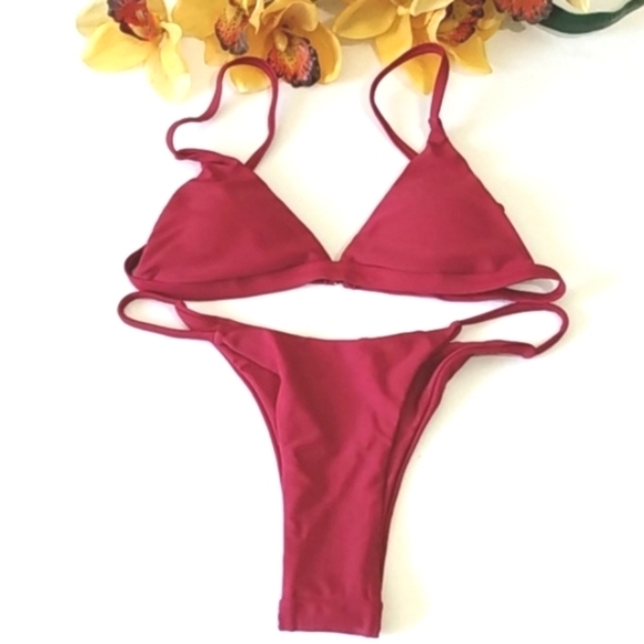 BURGUNDY TRIANGLE HI-CUT STRING BIKINI SET SIZE MD - Picture 6 of 8